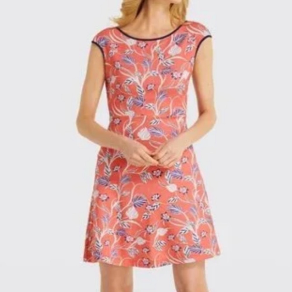 Draper James Coral Floral A-Line Dress with Blue and White Accents
